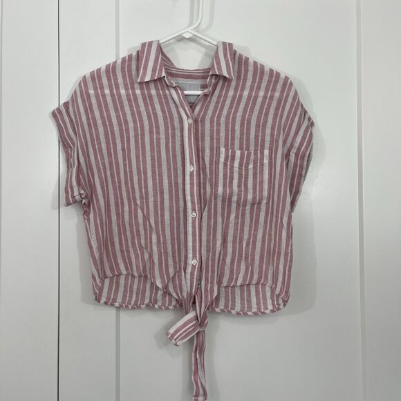 Rails Small Red, White Thea Linen Blend Stripe Short Sleeve Waist Tie T-Shirt - Picture 6 of 16